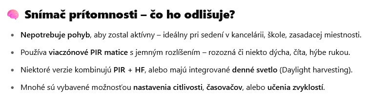 Snímač prítomnosti - rozdiel oproti PIR a HF